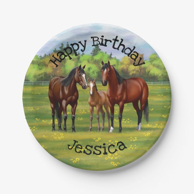 Brown Bay Quarter Horses In Summer Pasture Paper Plate (Front)