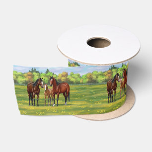 Brown Bay Quarter Horses In Summer Pasture Satin Ribbon