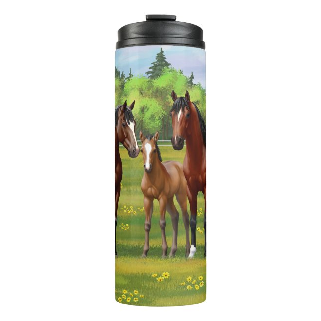 Brown Bay Quarter Horses In Summer Pasture Thermal Tumbler (Front)