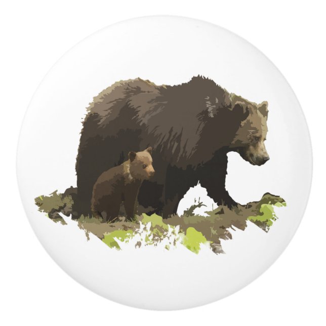 Brown Bear and Cub Wildlife Animal Nature art Ceramic Knob