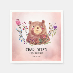 Brown Bear and Pink Flowers Child's Birthday Napkin
