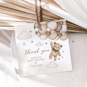 Brown Bear Balloon Baby Shower Square Favour Tags