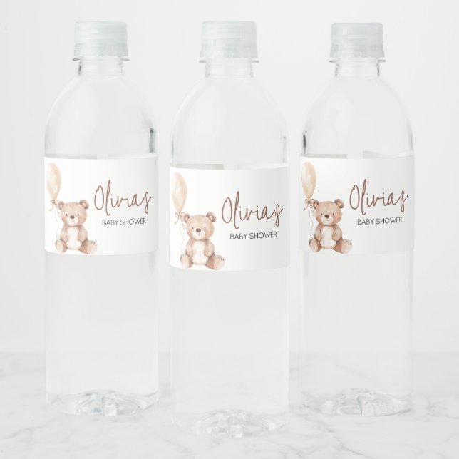 Brown Bear Balloon Baby Shower Water Bottle Label (Bottles)