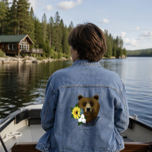 Brown Bear Blue Flowers Feather Wildlife Denim Jacket