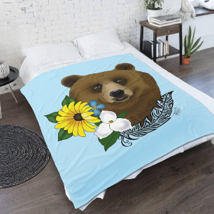 Brown Bear Blue Flowers Feather Wildlife Fleece Blanket