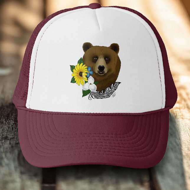 Brown Bear Blue Flowers Feather Wildlife Trucker Hat (Creator Uploaded)