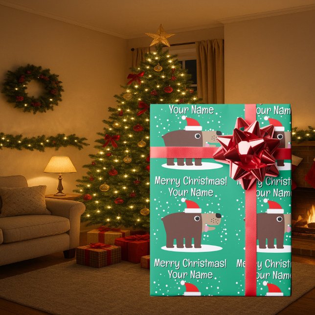 Brown bear cartoon with santa hat custom Christmas Wrapping Paper (Christmas wrapping paper with cute Santa bear cartoon)