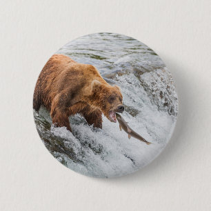 Brown Bear Catches Red Salmon 2 Inch Round Button