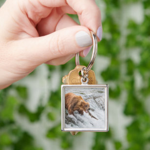 Brown Bear Catches Red Salmon Keychain