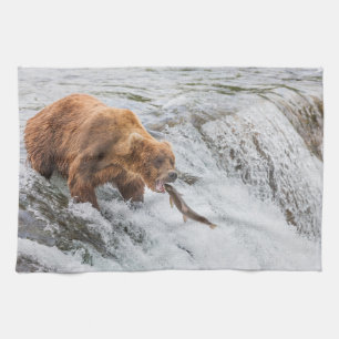 Brown Bear Catches Red Salmon Kitchen Towel