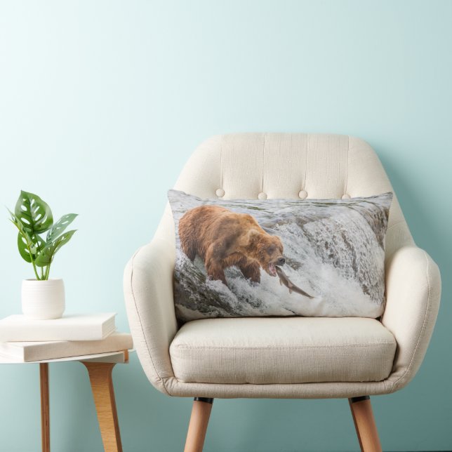 Brown Bear Catches Red Salmon Lumbar Pillow (Chair)
