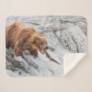 Brown Bear Catches Red Salmon Sherpa Blanket
