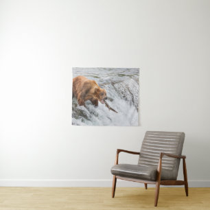 Brown Bear Catches Red Salmon Tapestry