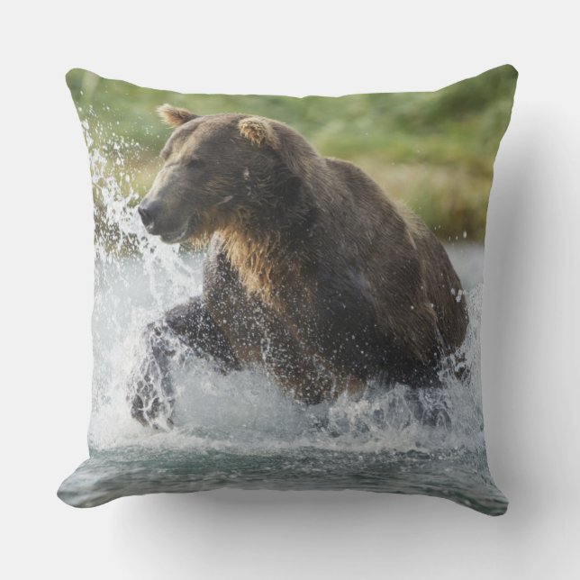 Brown Bear chasing salmon in river Throw Pillow (Front)