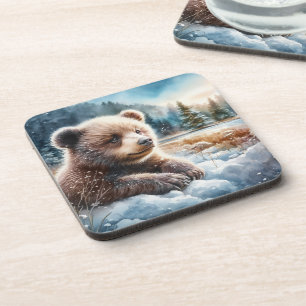Brown Bear Cub in Winter Snow and Pine Trees Coaster