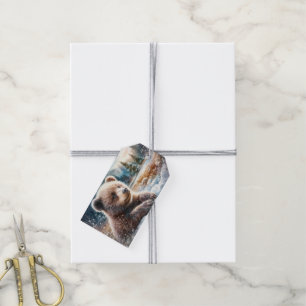 Brown Bear Cub in Winter Snow and Pine Trees Gift Tags