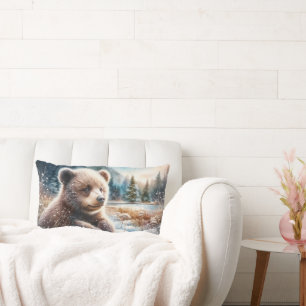 Brown Bear Cub in Winter Snow and Pine Trees Lumbar Pillow