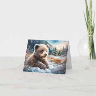 Brown Bear Cub in Winter Snow and Pine Trees Note Card