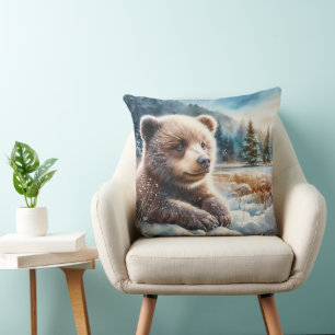Brown Bear Cub in Winter Snow and Pine Trees Throw Pillow