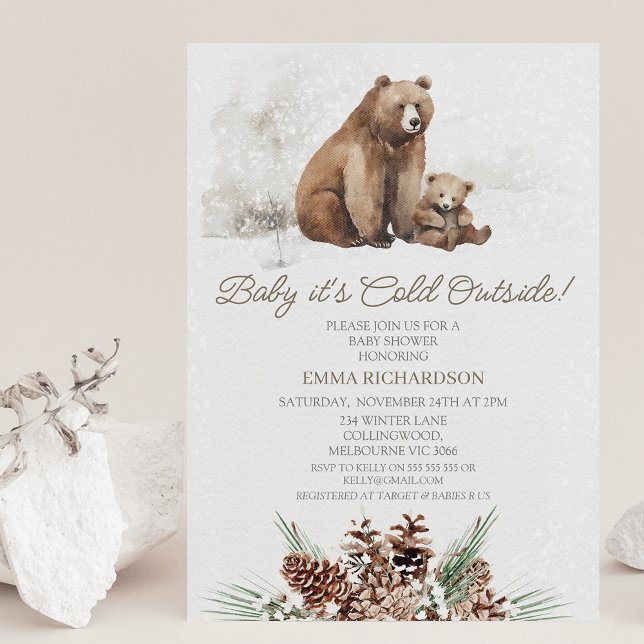Brown Bear Cub Winter Baby Shower Invitation (Brown bear and cub baby it's cold out there baby shower invitation great for a gender neutral shower)