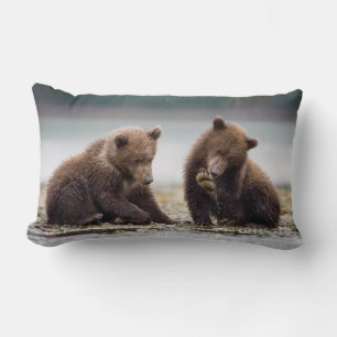 Brown Bear Cubs by the Stream Lumbar Pillow