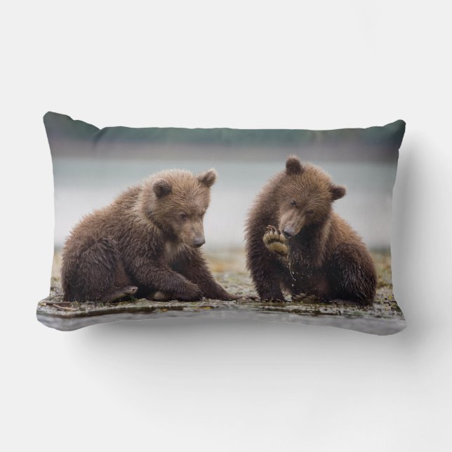 Brown Bear Cubs by the Stream Lumbar Pillow (Front)