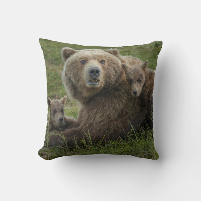 Brown Bear Cubs Cuddling with their Mother Throw Pillow (Front)