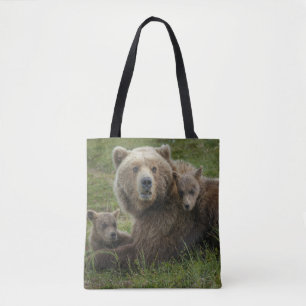 Brown Bear Cubs Cuddling with their Mother Tote Bag