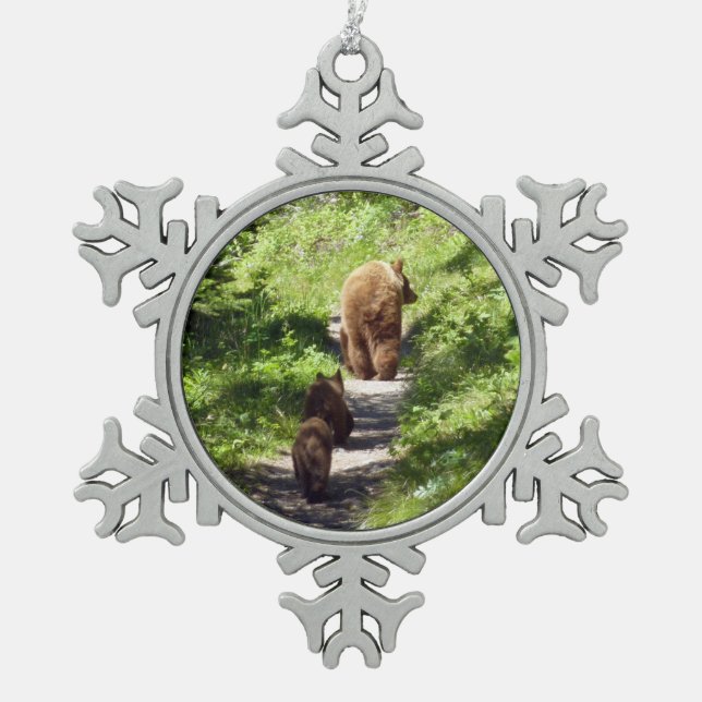 Brown Bear Family Snowflake Pewter Christmas Ornament (Front)