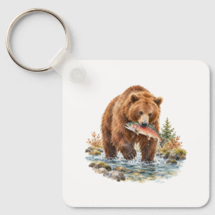 Brown Bear Fishing in a Stream Keychain