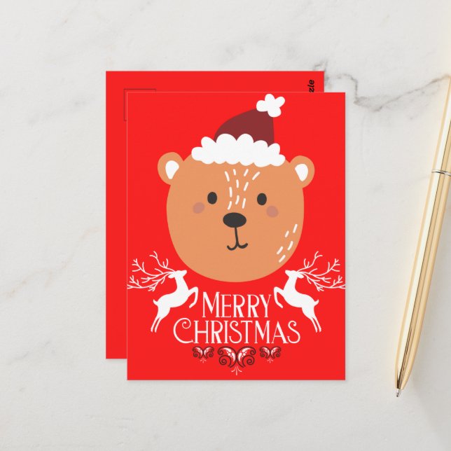 Brown Bear Funny Christmas Red Holidays Postcards (Front/Back In Situ)