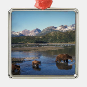 Brown bear, grizzly bear, sow and cubs in metal ornament