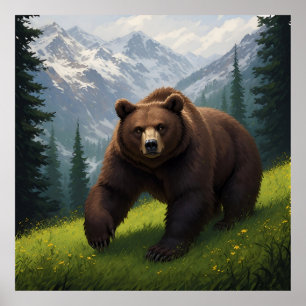 Brown Bear in a Mountain Meadow Poster