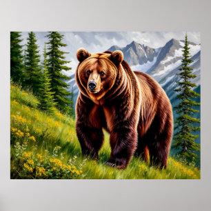 Brown Bear in a Mountain Meadow Poster
