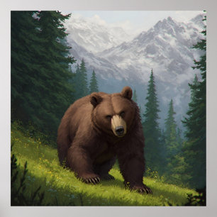 Brown Bear in a Mountain Meadow Poster