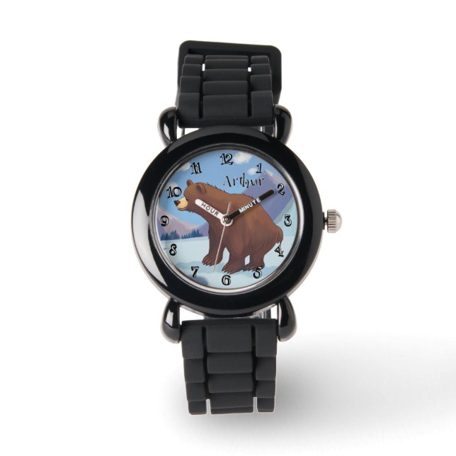 Brown bear in the mountain Funny Font Personalized Watch (Front)