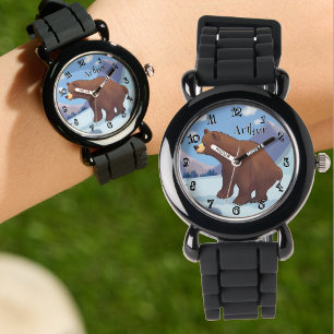 Brown bear in the mountain Funny Font Personalized Watch