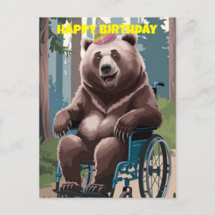 brown bear in wheelchair nature birthday postcard