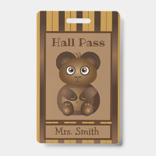 Brown bear kindergarten student hall pass badge
