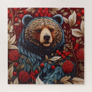 Brown Bear Red Berries William Morris Inspired Jigsaw Puzzle