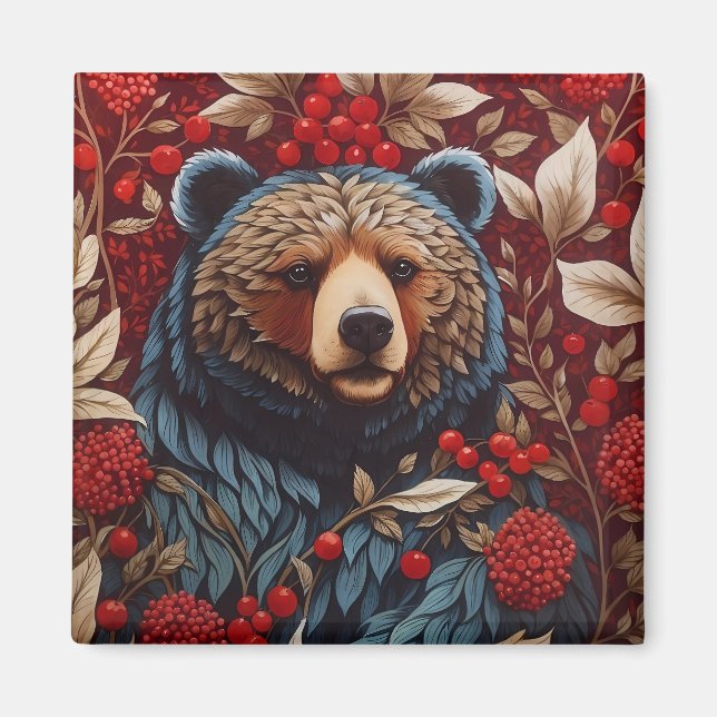 Brown Bear Red Berries William Morris Inspired Magnet (Front)