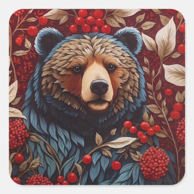 Brown Bear Red Berries William Morris Inspired Square Sticker (Front)