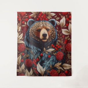 Brown Bear Red Berries William Morris Inspired Tapestry