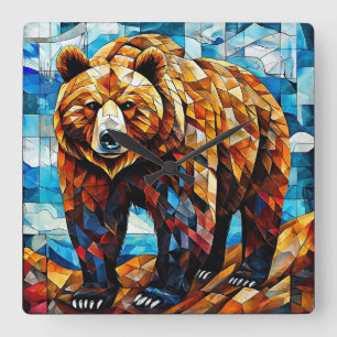Brown Bear 🐻✨ Rustic Woodland Mosaic Nature Art Square Wall Clock
