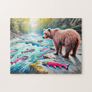 Brown Bear Watching Salmon Pastel Chalk Drawing Jigsaw Puzzle
