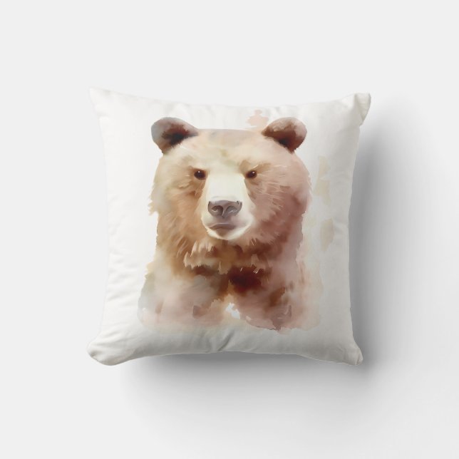 Brown Bear Watercolor Graphic Throw Pillow (Front)