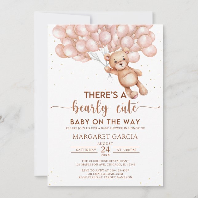 Brown Bear with Balloons Teddy Bear Baby Shower Invitation (Front)