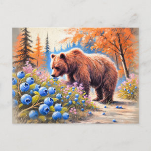 Brown Bear with Blueberries Pastel Chalk Art Postcard
