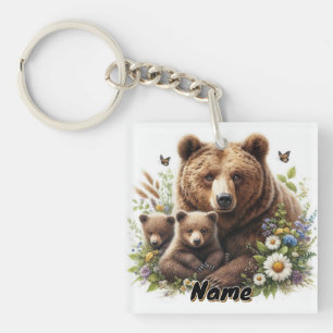 Brown Bear with Cubs in a Floral Meadow Keychain
