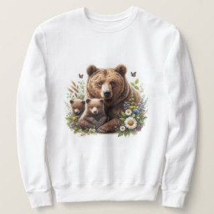 Brown Bear with Cubs in a Floral Meadow Sweatshirt